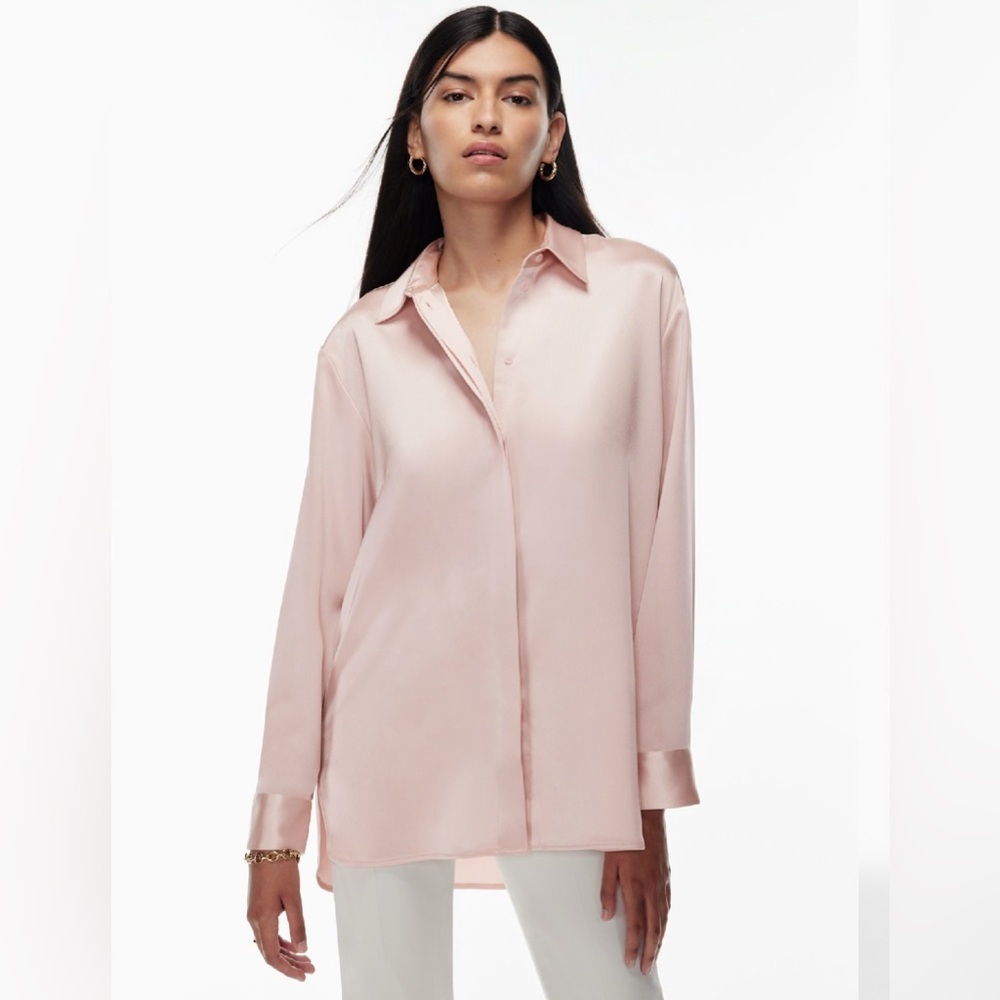 Babaton Soft Pink Sable Satin Shirt Silk-Feel Button Down Shirt